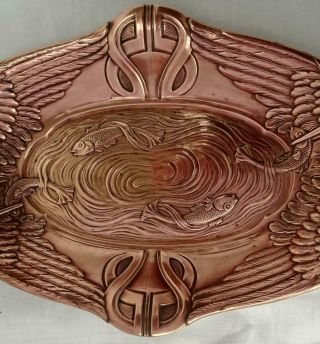 Outstanding Art Nouveau Copper Dish/bowl: Heron Catching Fish