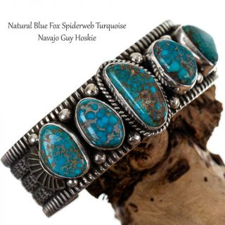 Guy Hoskie Navajo Turquoise Bracelet Sterling Silver Blue Fox Spiderweb A,