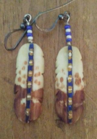 Hand Carved And Painted Bovine Bone Native American Feather Sterling Earrings