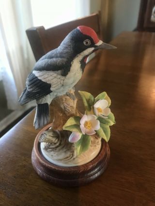 Andrea By Sadek Bird - 9386 Downy Woodpecker - Made In Japan On Wood Pedestal