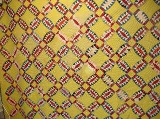 Q15,  Vintage Quilt,  Mustard And Blue,  Patchwork,  Hand Quilted,  75 X 62 In.