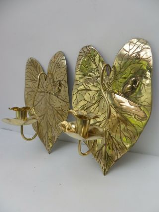 Antique Aesthetic / Arts Craft Pair Brass Wall Candle Sconces Frog & Fly