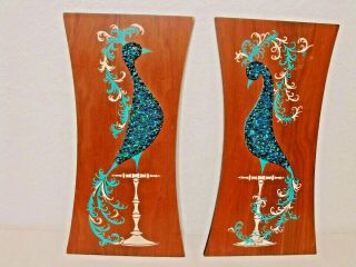 Rare Peacock Gravel Pebble Art Textured Wall Hanging Picture Mcm Wood Painting