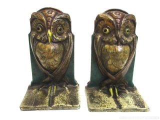 Antique Art Nouveau Cast Iron Owl Bookends No.  587 With Paint