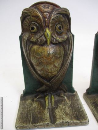 Antique Art Nouveau Cast Iron Owl Bookends No.  587 With Paint 2