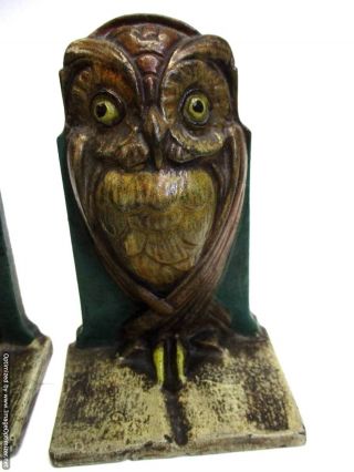 Antique Art Nouveau Cast Iron Owl Bookends No.  587 With Paint 3
