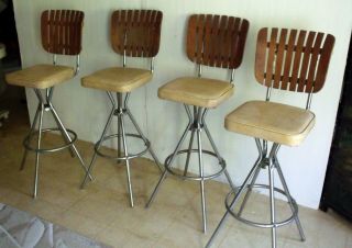 Mid Century Modern Atomic Tall Chrome Base Swivel Bar Stools Pub Chairs (4)