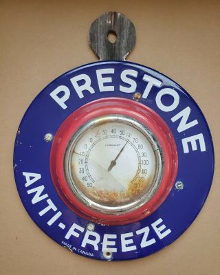 Prestone Antifreeze Thermometer 10 " Round Porcelain Mounted Blue Red