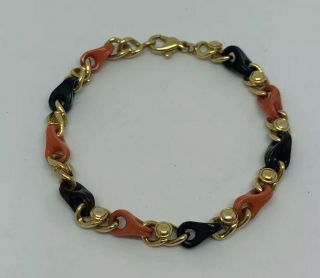 Rare Vintage Italian 18k Yellow Gold Carved Coral Onyx Bracelet
