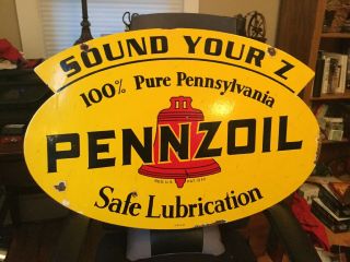 " Pennzoil " Large,  Heavy,  Double Sided Porcelain Sign,  (dated 1947) 31 " X 21 "
