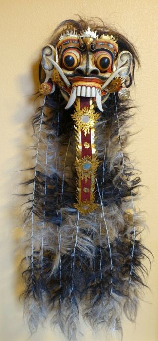 Vintage 44 " Balinese Bali Wood Dragon Witch Lion Barong Spirit Horse Hair Mask