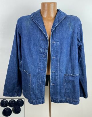 Vintage 1940s Wwii Navy Shawl Collar Denim Jacket Men Medium Indigo Blue Ww2 Usn