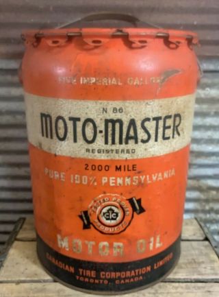 Rare Antique Vtg Ca.  1930s Motomaster 5 Gallon Oil Can Bucket Canadian Tire Sign