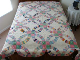 Vintage Double Wedding Ring Quilt Feed Sack Cotton Patchwork Fabric 83 " X 82 "