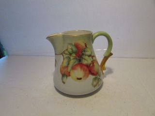 Vintage Hand Painted Bone China Lg Pitcher Gold Trim Apple Front And Back Pretty