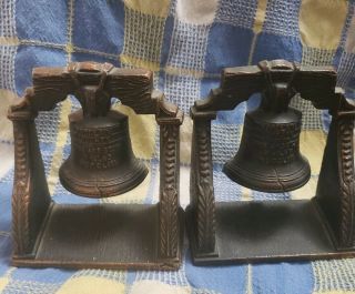Vintage Cast Iron Metal Liberty Bell Bookends With Copper Bronze Finish