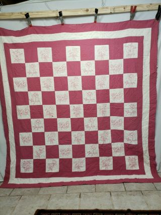 Antique Vintage Early 1920s Hand Embroidered & Quilted Red Work Quilt 77 " X 81 "