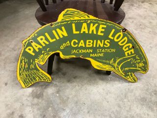Old " Parlin Lake Lodge " Large,  Double Sided Porcelain Sign (36 " X 22 ") Sign