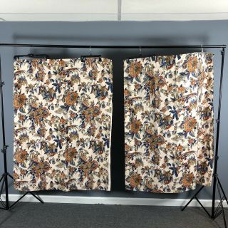 Vintage 50s Barkcloth Fabric Curtain Panels Drapes Set Of 2 Bird Floral Print