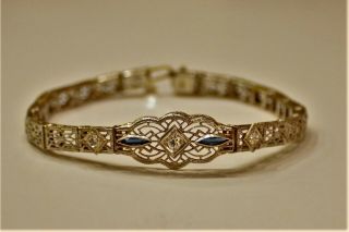 Vintage 14k Gold - Diamond And Sapphire Filigree / Art Deco Bracelet