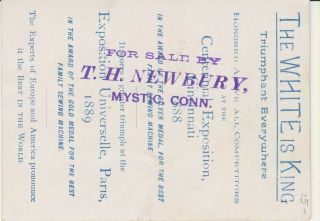 Mystic Ct Conn Trade Card,  White Sewing Machine,  1880s,  T.  H.  Newbury
