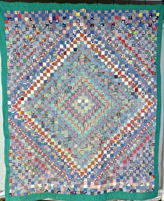 Vintage Heavy Diamond Postage Stamp Quilt Feed Sack Prints Hand Made 89 " X74 "