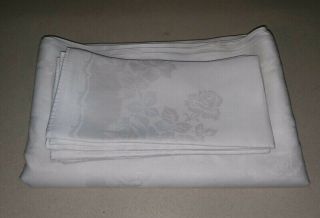 Old 50 Years Old Vintage White Rose Damask Banquet Tablecloth And Napkins.