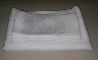 Old 50 Years Old Vintage White Rose Damask Banquet Tablecloth and Napkins. 2