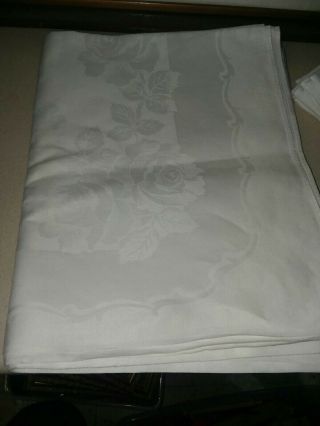 Old 50 Years Old Vintage White Rose Damask Banquet Tablecloth and Napkins. 3