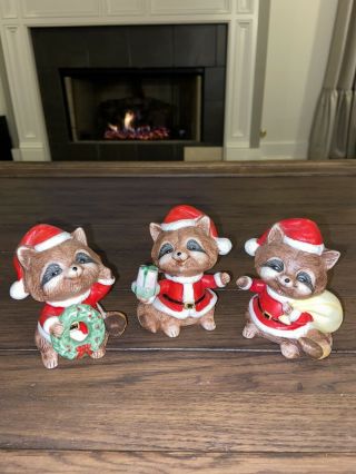 Homco Vintage Porcelain Christmas Raccoons Set Of Three (3) 5611
