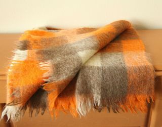 Vintage Mohair Wool Blend Throw Blanket Fringe Orange Tan Plaid Checks 54 " X 66 "