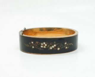 Antique Victorian 19c 14k Gold Enamel Seed Pearl Hinged Mourning Cuff Bracelet