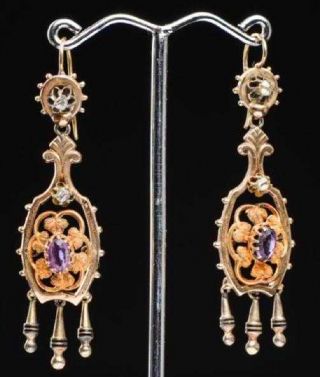 Antique Victorian 14k Gold & Amethyst Earrings With 2 (two) Small Diamonds