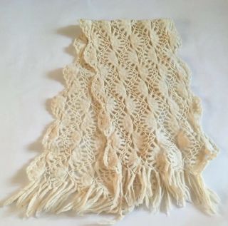 Antique 19th Century Handmade Wool Lace Scarf With Fringes 42 " X 10 " Rare