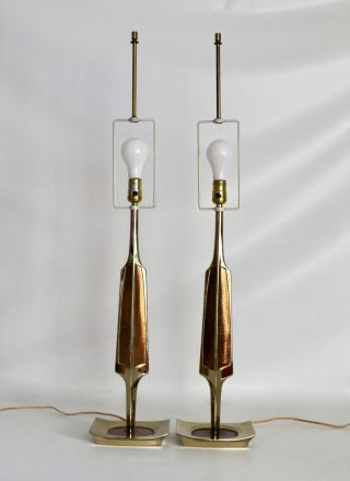 2 Laurel Vtg Mid Century Modern Metal Brass Brutalist Sculpture Lamp Lightolier