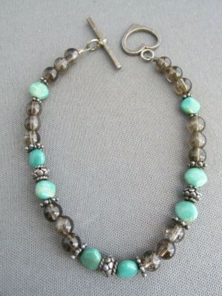 Vintage Sterling Smokey Quartz Bead Heart Turquoise Toggle Clasp Tennis Bracelet