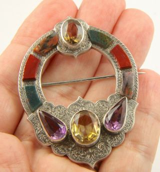 Large Antique Victorian C1890 Silver Scottish Agate Citrine Brooch Pin