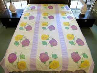 Outstanding Vintage Hand Sewn Feed Sack Cotton Applique Pansies Quilt Top; Queen