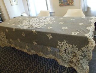 Antique Fine Handmade Applique Net Lace Banquet Tablecloth Ecru Bridal 1900 87 "
