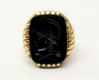 Vtg 10k Gold Carved Black Onyx Cameo Ring Sz 10 Greek Roman Soldier Art Deco