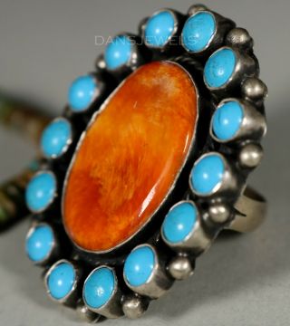 Gorgeous Old Pawn Vintage NAVAJO Spiny Oyster & Turquoise Ring SZ 8 2