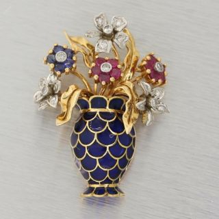 Vintage Estate 18k Yellow Gold 1ctw Ruby Sapphire & Diamond Flower Brooch Pin