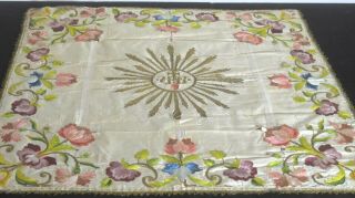 Antique 19th C.  Silk Embroidered Textile Piece With Metallic Threads Vv40