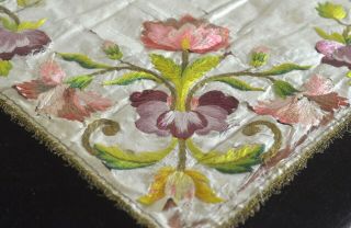 Antique 19th C.  SILK EMBROIDERED TEXTILE Piece with Metallic Threads VV40 3