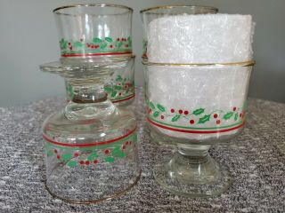 Arbys Libbey Christmas Holly Berry Footed Dessert Sherbert Glasses Set Of 6 Gold
