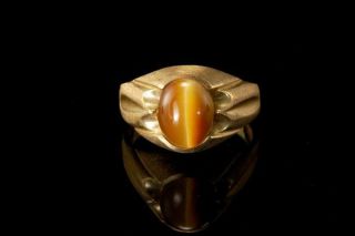 Antique Art Deco Tiger Eye Cabochon 10k Gold Men Ring Signet A11333