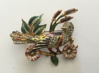 Vintage Coro Craft Sterling Silver Enamel Bird Brooch,  Flowers,  Reeds,  Leaves