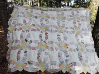 Lovely Vintage Antique Hand Sewn Quilt Top 70 X 86 Wedding Ring Feedsack Fabric