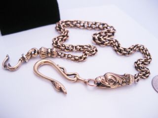 Antique Victorian Art Nouveau Era 14k Gold Gf Watch Chain Necklace Serpent Head