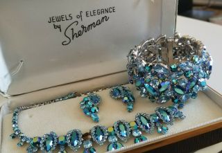 Rare Sherman Blue Rhinestones Box Set (necklace,  Earrings And Bracelet)